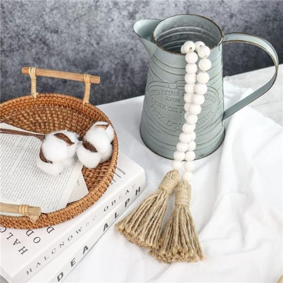 Farmhouse Wood Bead Garland With Tassels - Handmade DIY Decorative String For Boho, Country & Rustic Home Decor